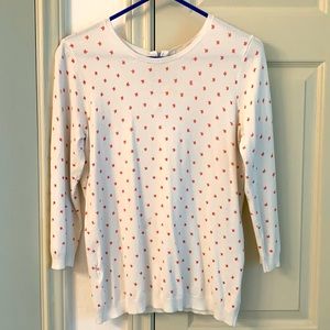 LOFT lightweight cream sweater with pink star pattern, shoulder zipper in back M